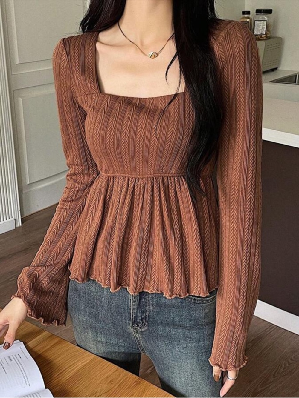 SHEIN - Square Neck Lettuce Trim Peplum Long Sleeve Top